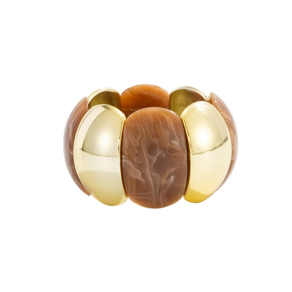 Light Coffee Resin and Goldtone Petals Stretch Bracelet, elegant gift for her, front view
