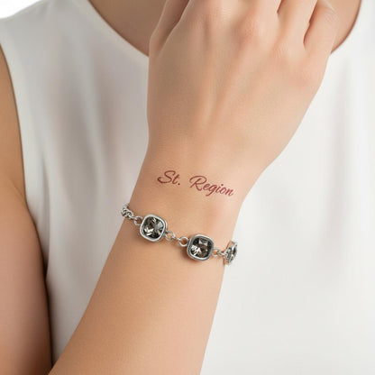 Crystal and Silvertone Square Station Chain Bracelet, silver bracelet for women, dainty minimalist design, front view