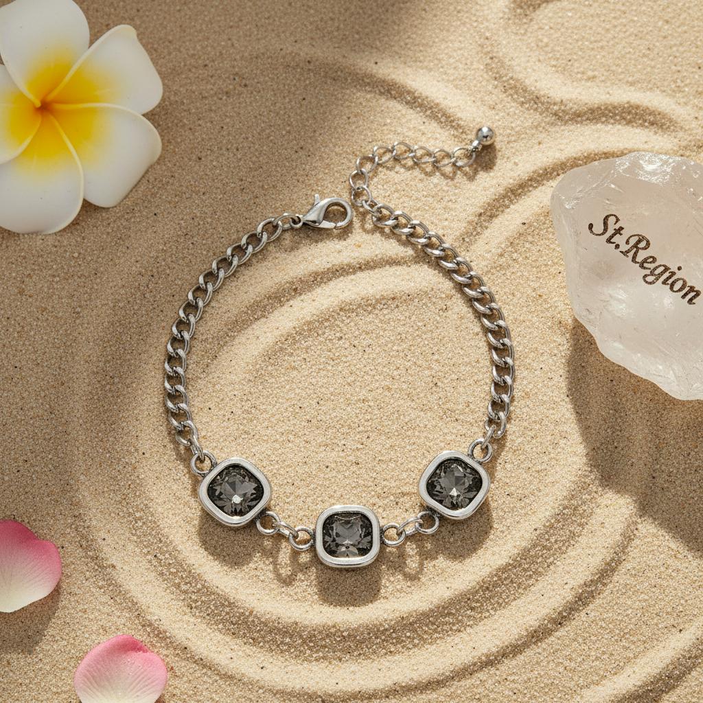 Crystal and Silvertone Square Station Chain Bracelet, silver bracelet for women, dainty minimalist design, lifestyle look