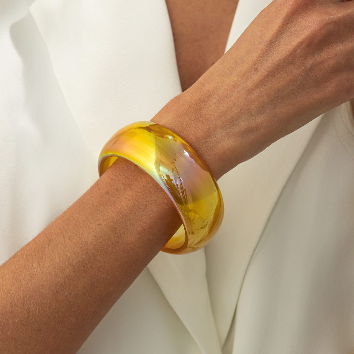 Iridescent and Yellow Resin Bangle, bangle bracelet, botanical inspired, lifestyle look