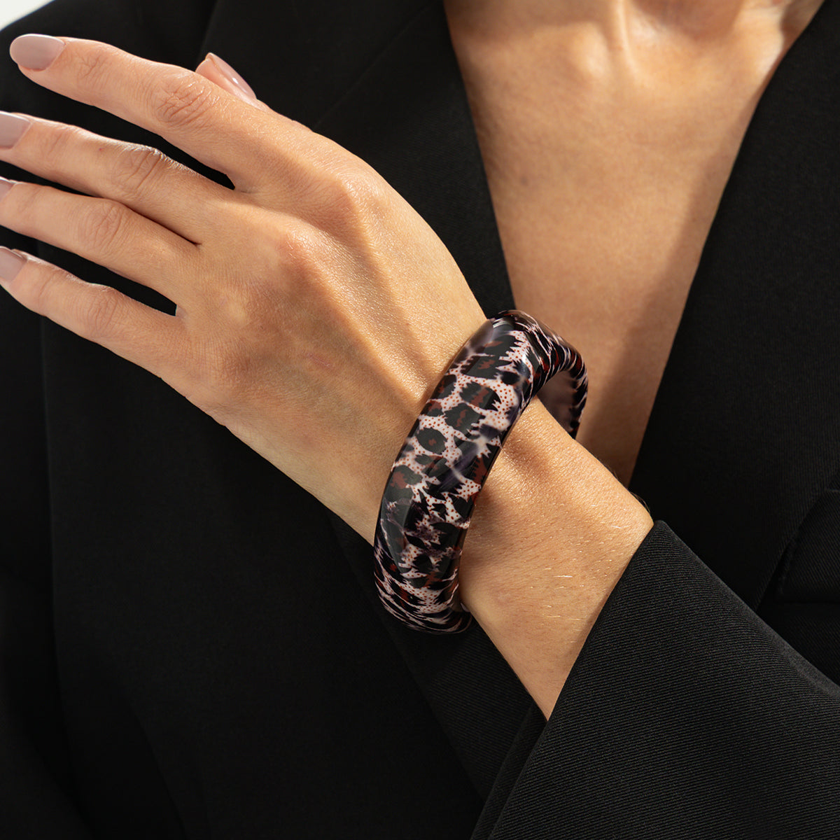 Gray Leopard Print Irregular Resin Bangle, bangle bracelet, dainty minimalist design, styled look