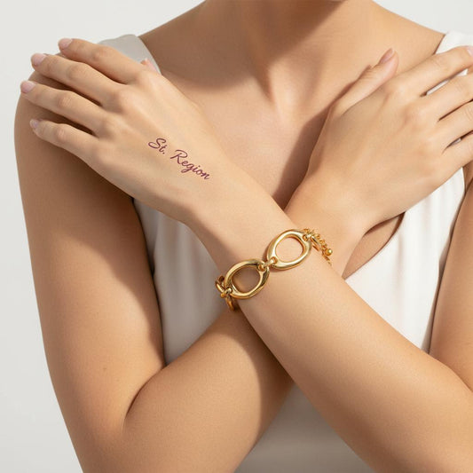 Goldtone Open Oval Station Chain Bracelet, gold bracelet for women, vintage-inspired design, front view