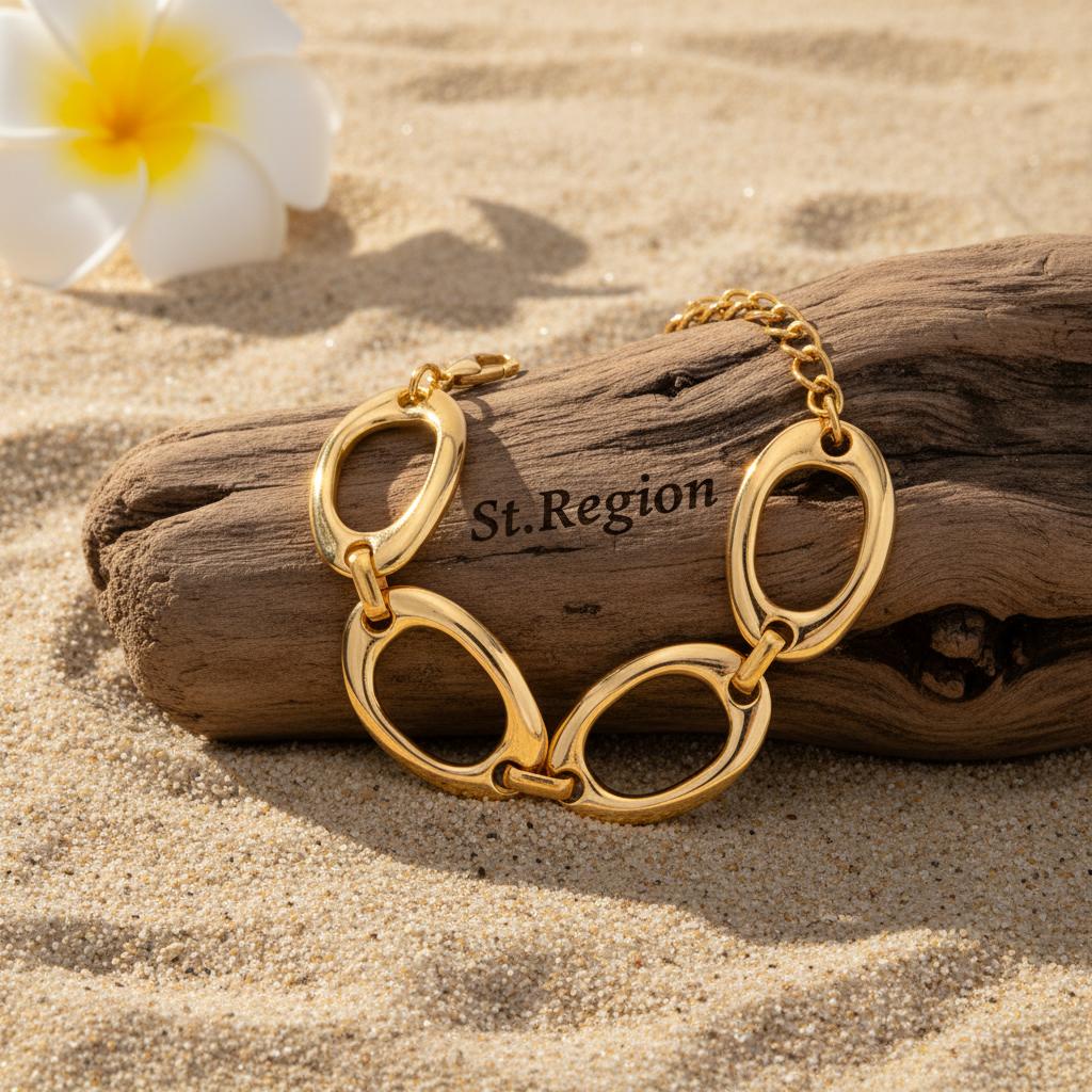 Goldtone Open Oval Station Chain Bracelet, gold bracelet for women, vintage-inspired design, detail close-up