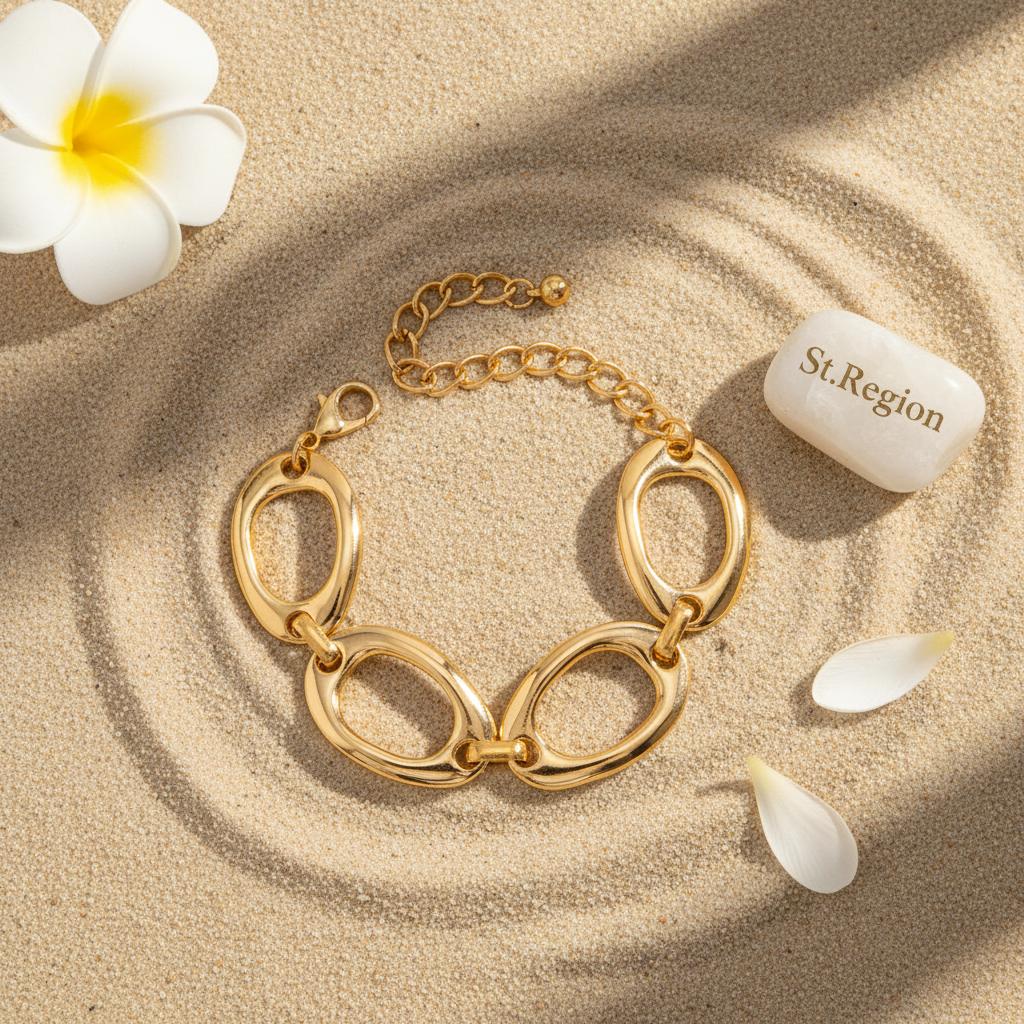 Goldtone Open Oval Station Chain Bracelet, gold bracelet for women, vintage-inspired design, lifestyle look
