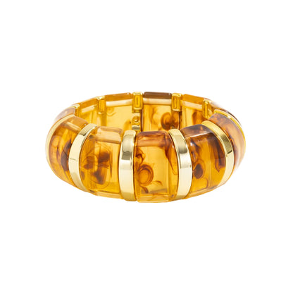 Light Amber Resin and Goldtone Oval Station Stretch Bracelet, elegant gift for her, front view