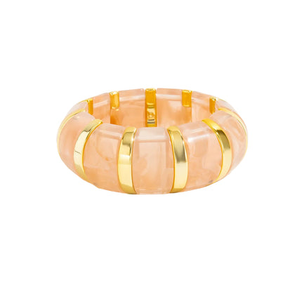 Pink Resin and Goldtone Oval Station Stretch Bracelet, dainty minimalist design, front view
