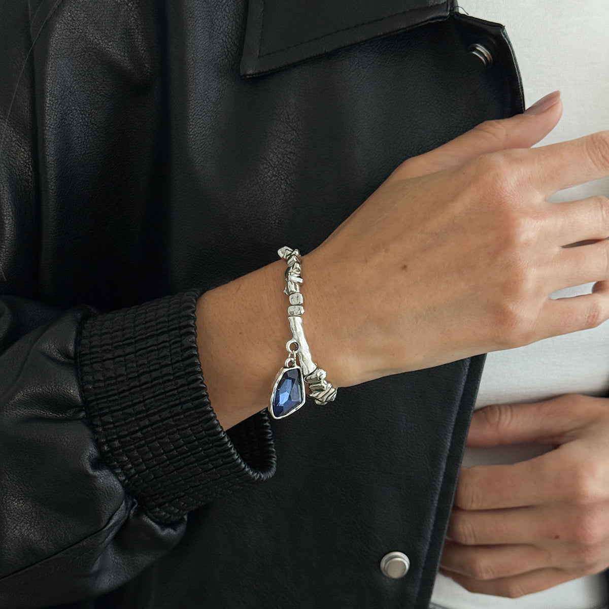 Blue Crystal and Silvertone Beads Irregular Charm Stretch Bracelet, botanical inspired, styled look