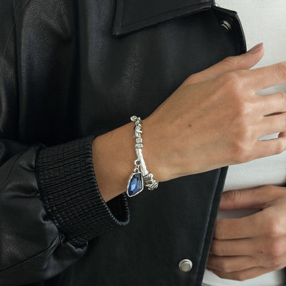 Blue Crystal and Silvertone Beads Irregular Charm Stretch Bracelet, botanical inspired, styled look