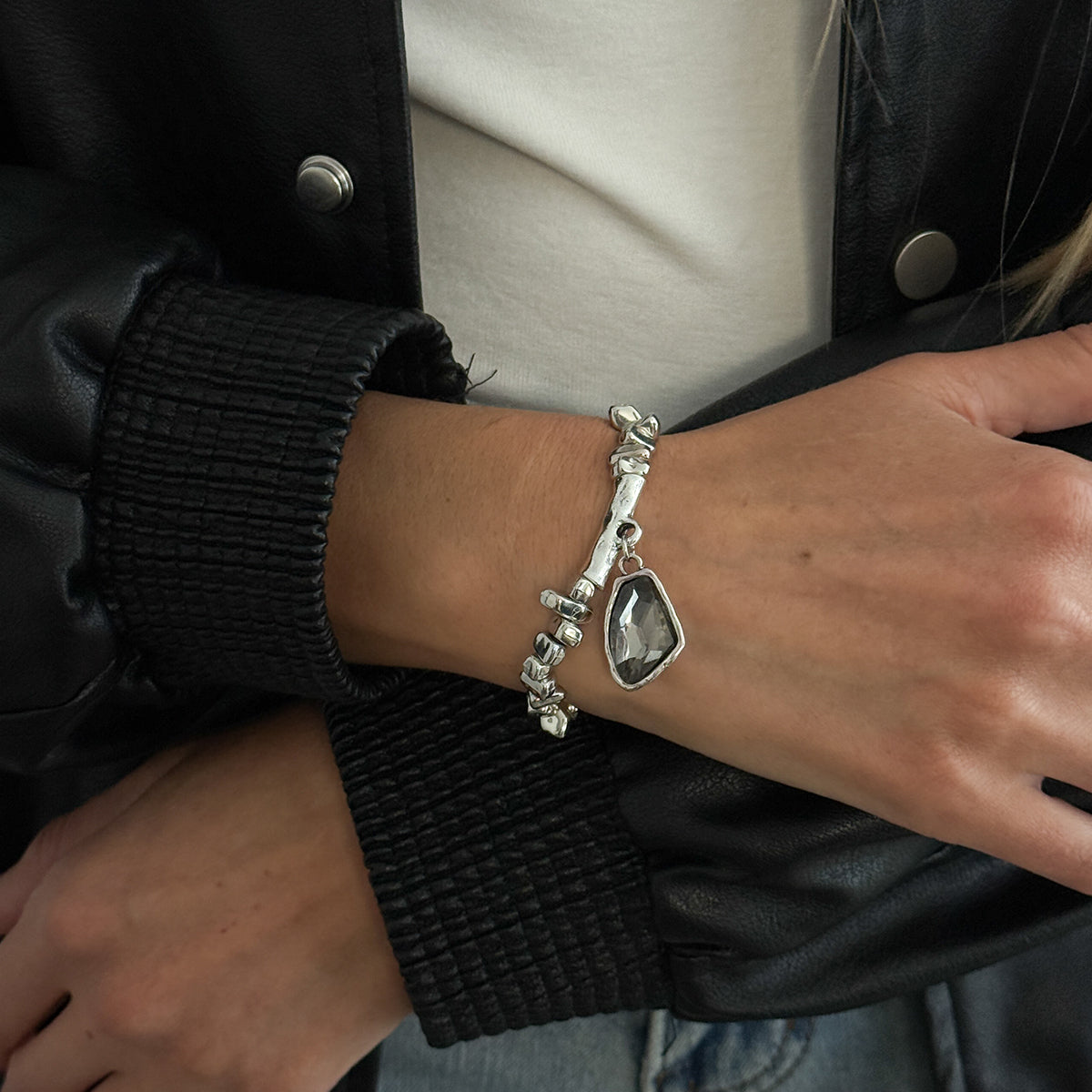 Gray Crystal and Silvertone Beads Irregular Charm Stretch Bracelet, everyday style, styled look