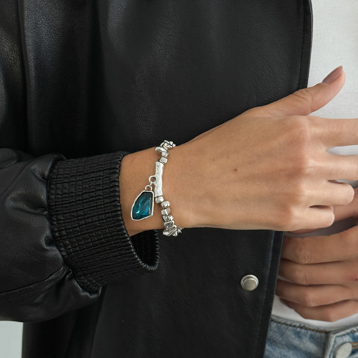 Teal Crystal and Silvertone Beads Irregular Charm Stretch Bracelet, botanical inspired, styled look
