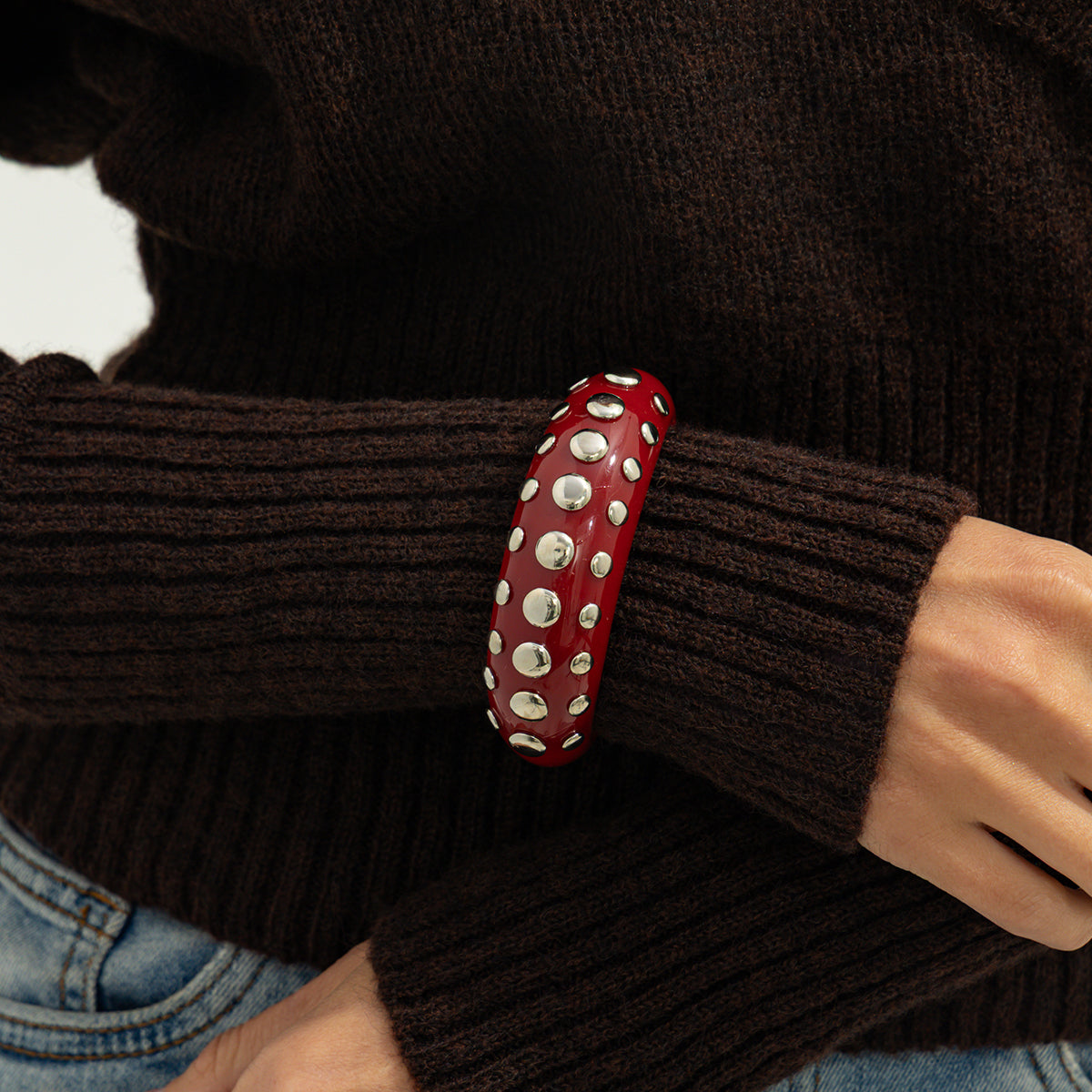 Red Resin and Silvertone Layered Spot Cuff, silver bracelet for women, vintage-inspired design, styled look