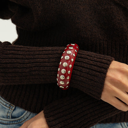 Red Resin and Silvertone Layered Spot Cuff, silver bracelet for women, vintage-inspired design, styled look