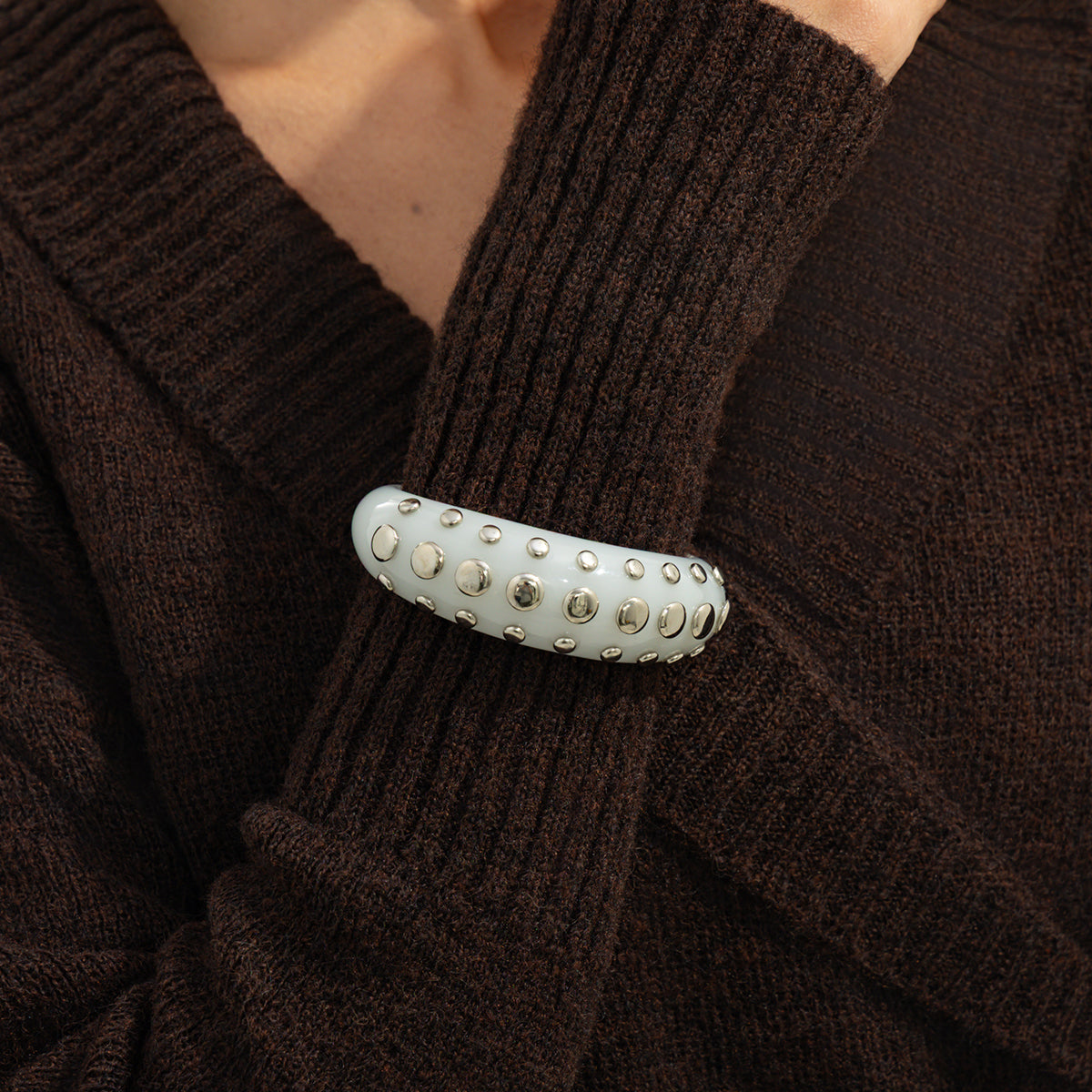 White Resin and Silvertone Layered Spot Cuff, silver bracelet for women, everyday style, lifestyle look