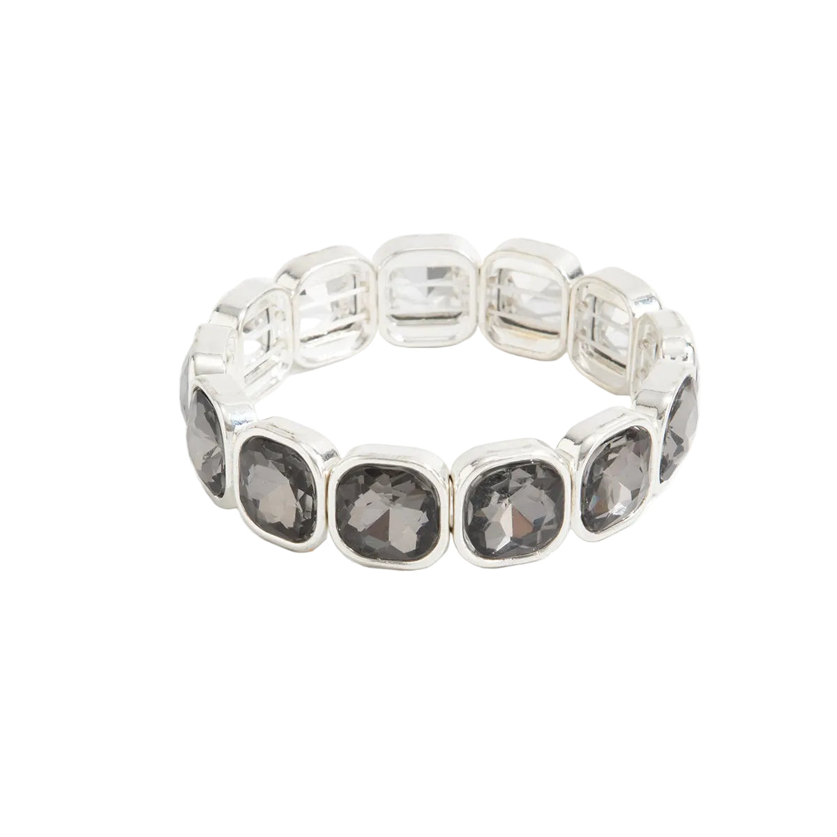 Crystal and Silvertone Square Station Tennis Bracelet, botanical inspired, front view