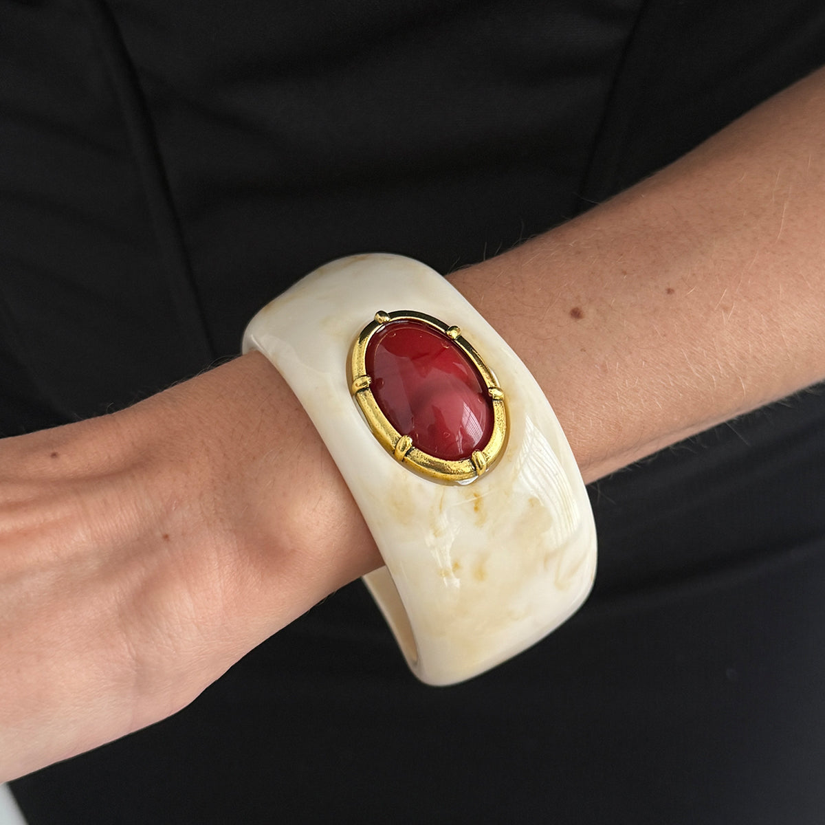 Beige Resin and Goldtone Oval Bangle Bracelet, gold bangle bracelet, everyday style, lifestyle look