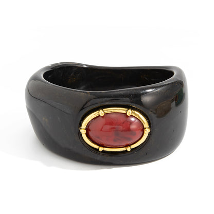 Black Resin and Goldtone Oval Bangle Bracelet, gold bangle bracelet, vintage-inspired design, front view