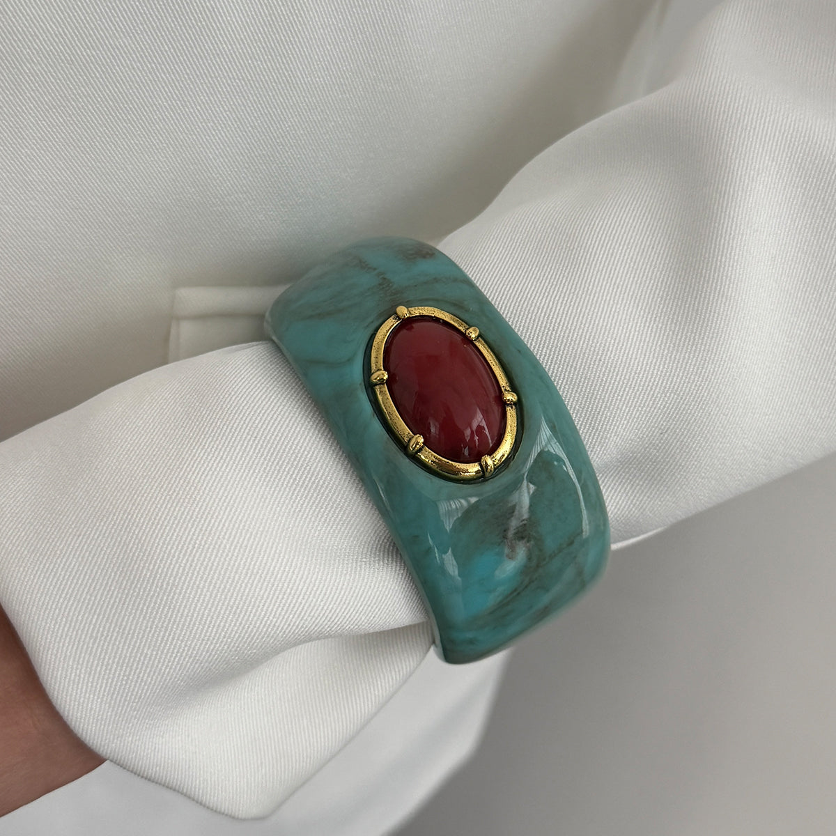 Teal Resin and Goldtone Oval Bangle Bracelet, gold bangle bracelet, vintage-inspired design, lifestyle look