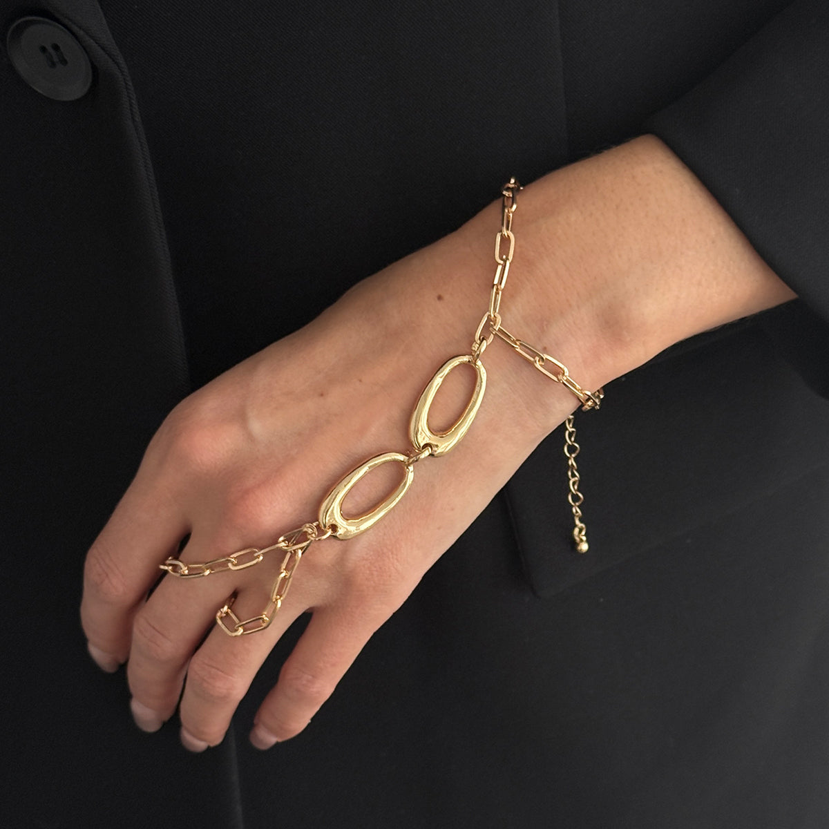 Goldtone Open Oval Finger-to-Wrist Bracelet, gold bracelet for women, elegant gift for her, styled look