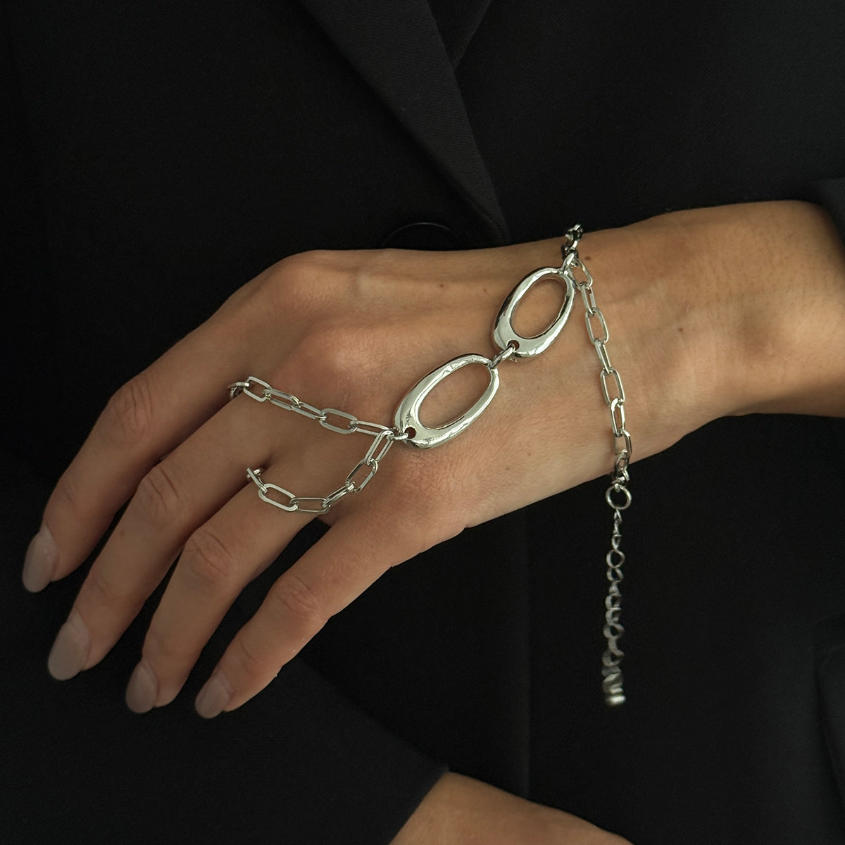 Silvertone Open Oval Finger-to-Wrist Bracelet, silver bracelet for women, elegant gift for her, lifestyle look