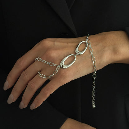 Silvertone Open Oval Finger-to-Wrist Bracelet, silver bracelet for women, elegant gift for her, lifestyle look
