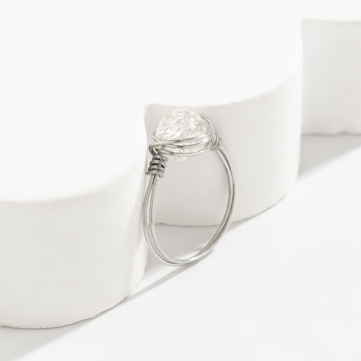 Clear Acrylic and Silver-Plated Wire-Wrapped Ball Ring, silver statement rings for women, vintage-inspired design, front view