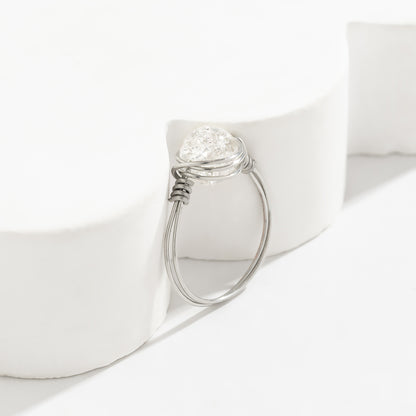 Clear Acrylic and Silver-Plated Wire-Wrapped Ball Ring, silver statement rings for women, vintage-inspired design, front view
