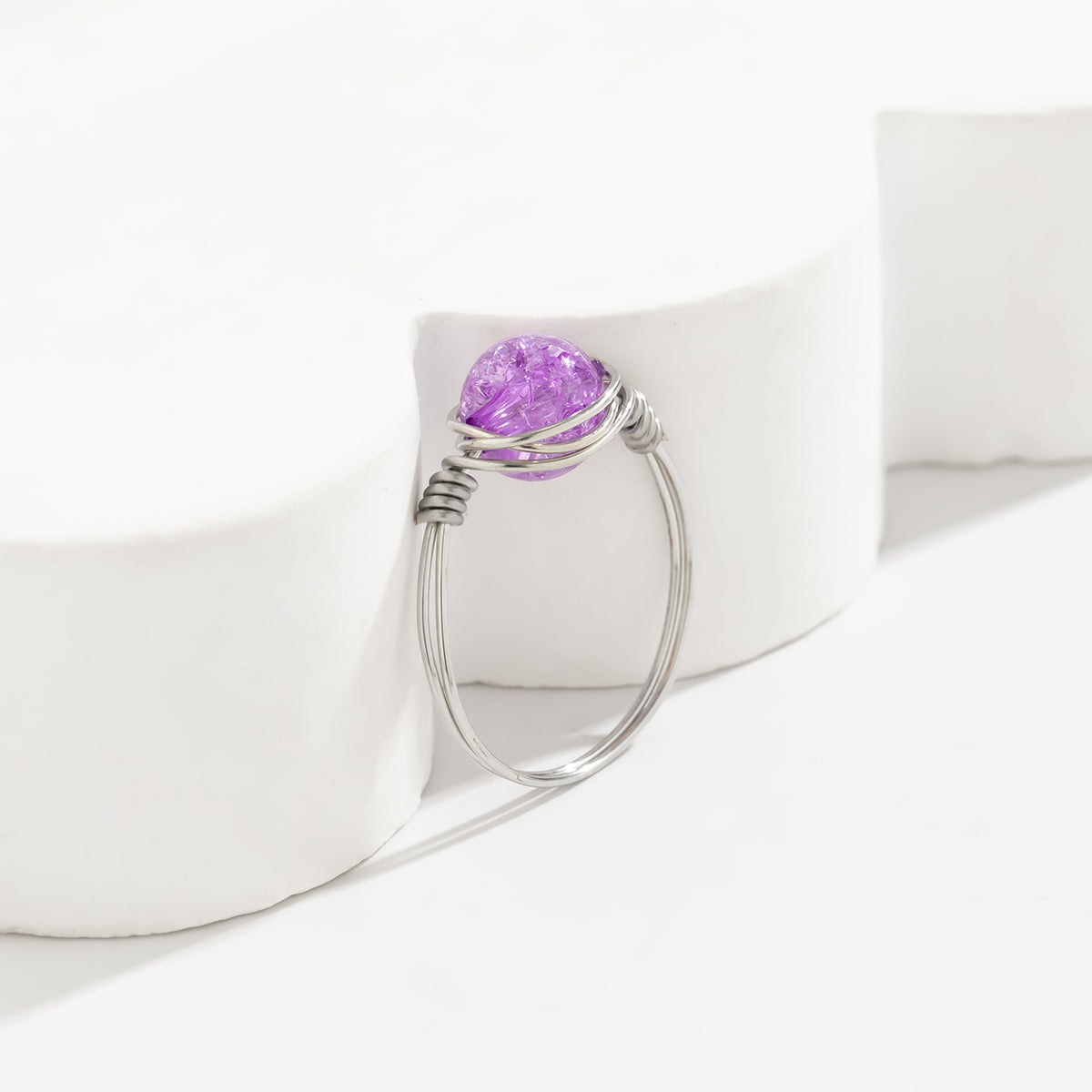 Purple Acrylic and Silver-Plated Wire-Wrapped Ball Ring, silver statement rings for women, side view