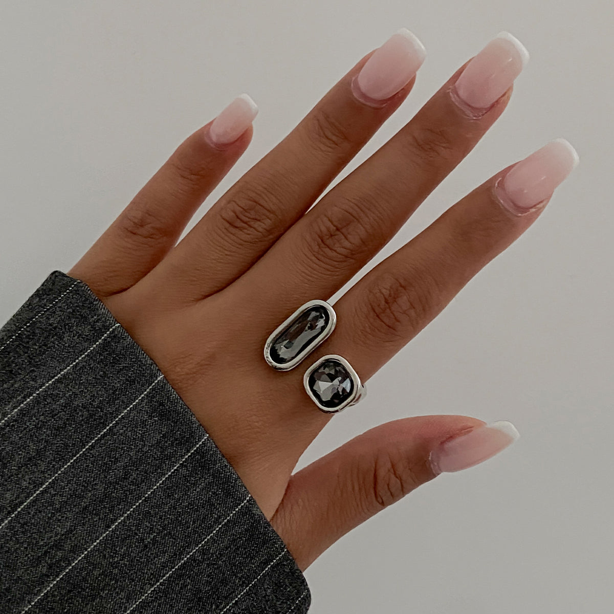 Gray Crystal and Silvertone Rectangle Square Open Ring, botanical inspired, lifestyle look
