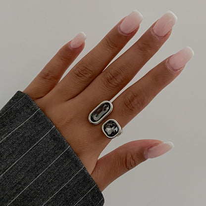 Gray Crystal and Silvertone Rectangle Square Open Ring, botanical inspired, lifestyle look