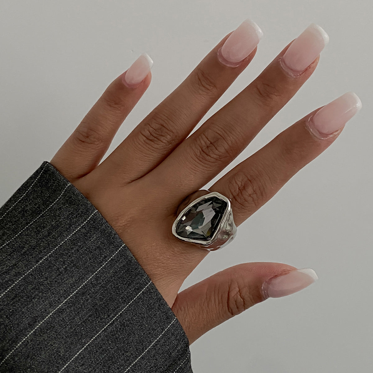 Gray Crystal and Silvertone Irregular Shape Open Ring, everyday style, lifestyle look