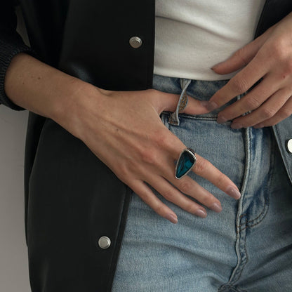 Teal Crystal and Silvertone Triangle Open Ring, everyday style, styled look