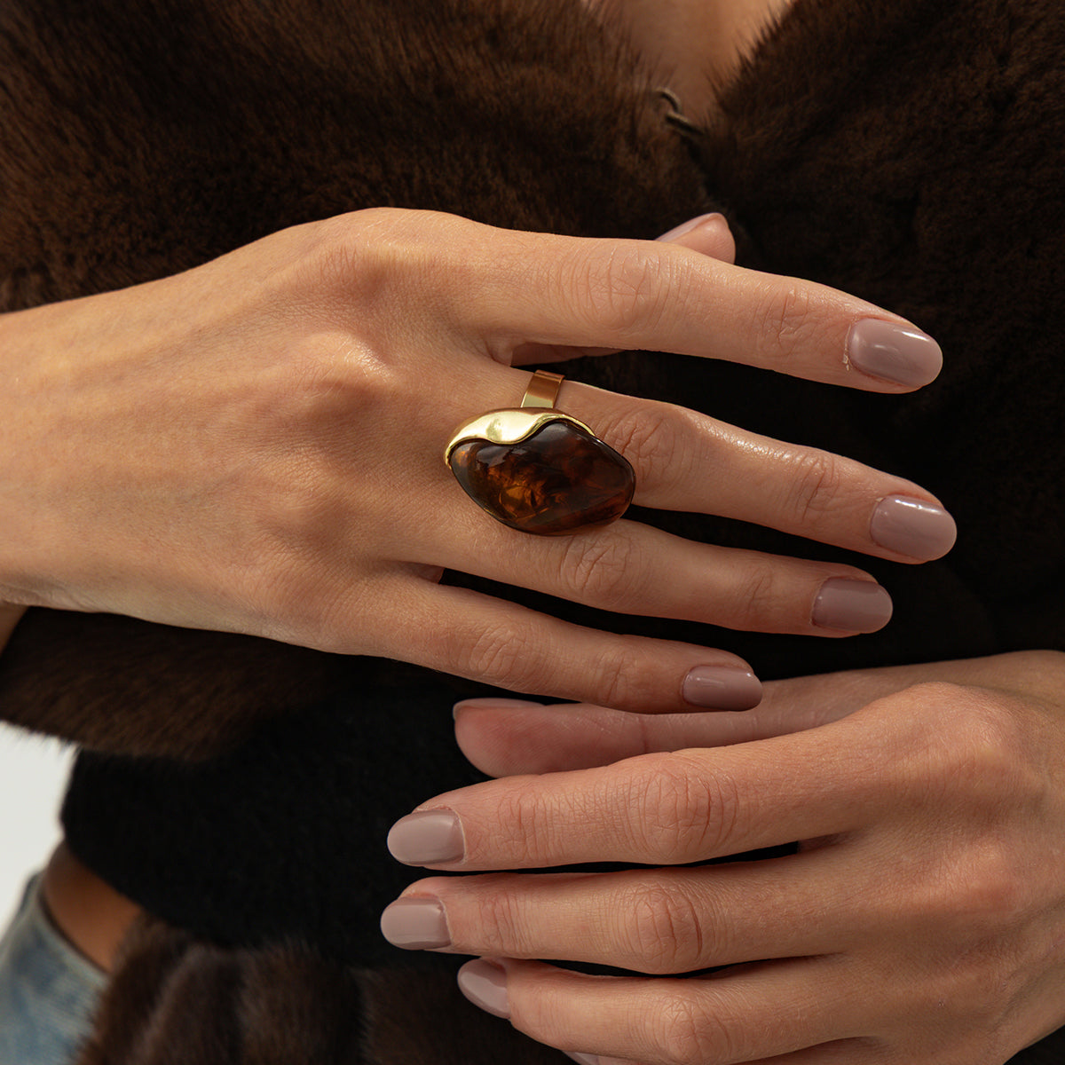 Amber Resin and Goldtone Irregular Drop Open Ring, everyday style, lifestyle look