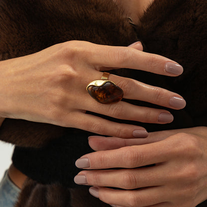 Amber Resin and Goldtone Irregular Drop Open Ring, everyday style, lifestyle look