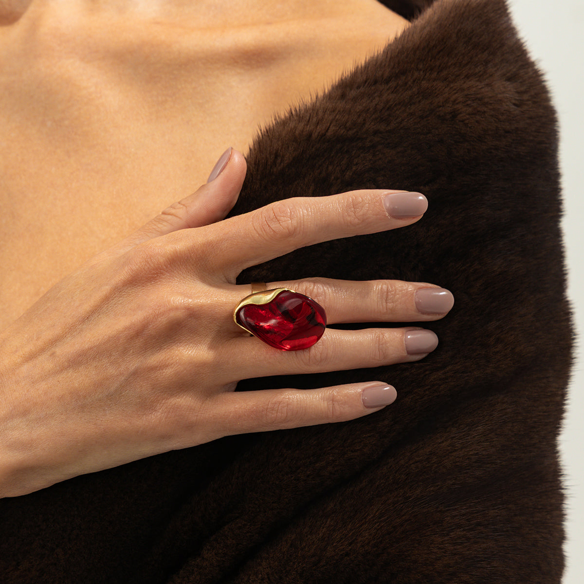 Red Resin and Goldtone Irregular Drop Open Ring, elegant gift for her, styled look