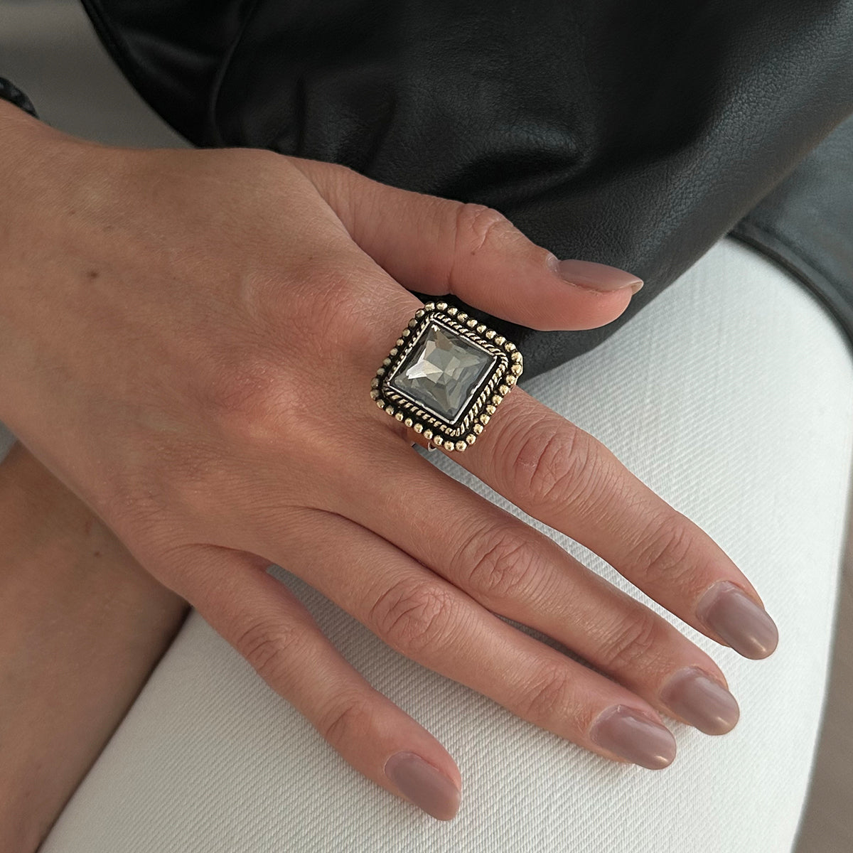Crystal and Goldtone Radiant-Cut Twine Square Open Ring, elegant gift for her, styled look