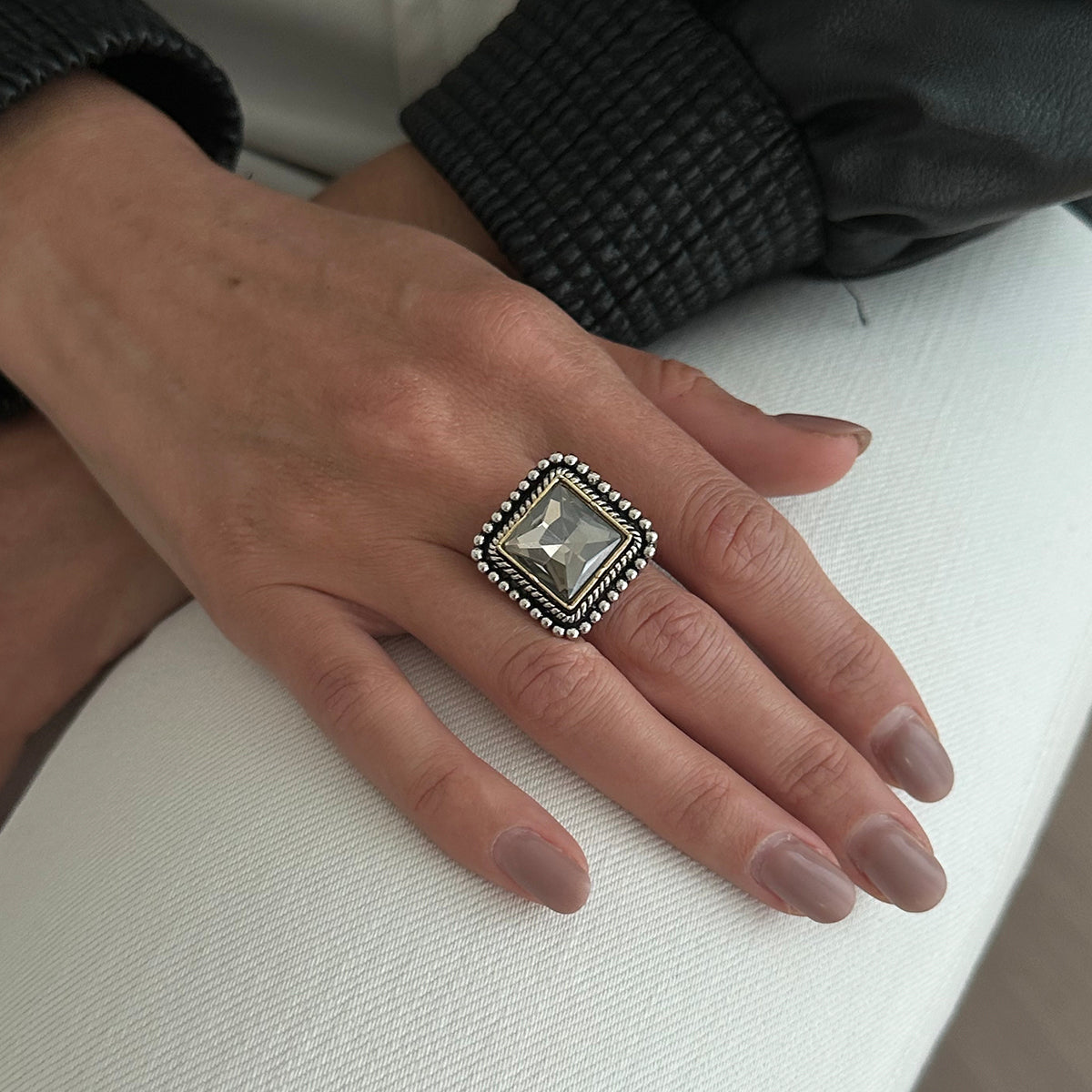 Crystal and Silvertone Radiant-Cut Twine Square Open Ring, everyday style, styled look
