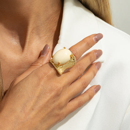 Beige Resin and Goldtone Prong-Set Oval Open Ring, botanical inspired, lifestyle look