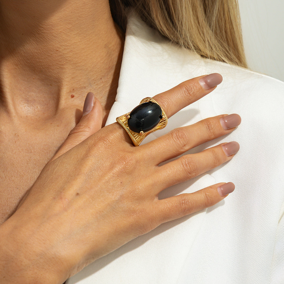 Black Resin and Goldtone Prong-Set Oval Open Ring, elegant gift for her, styled look