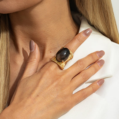 Gray Resin and Goldtone Prong-Set Oval Open Ring, botanical inspired, lifestyle look
