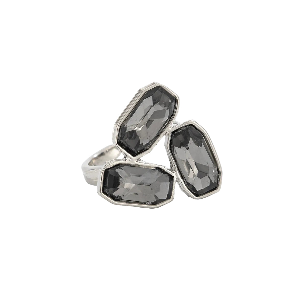 Gray Crystal and Silvertone Tri-Rectangle Open Ring, botanical inspired, front view