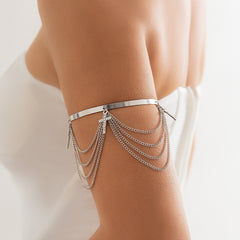 Cubic Zirconia & Silver-Plated Cross Chain Tassel Arm Cuff