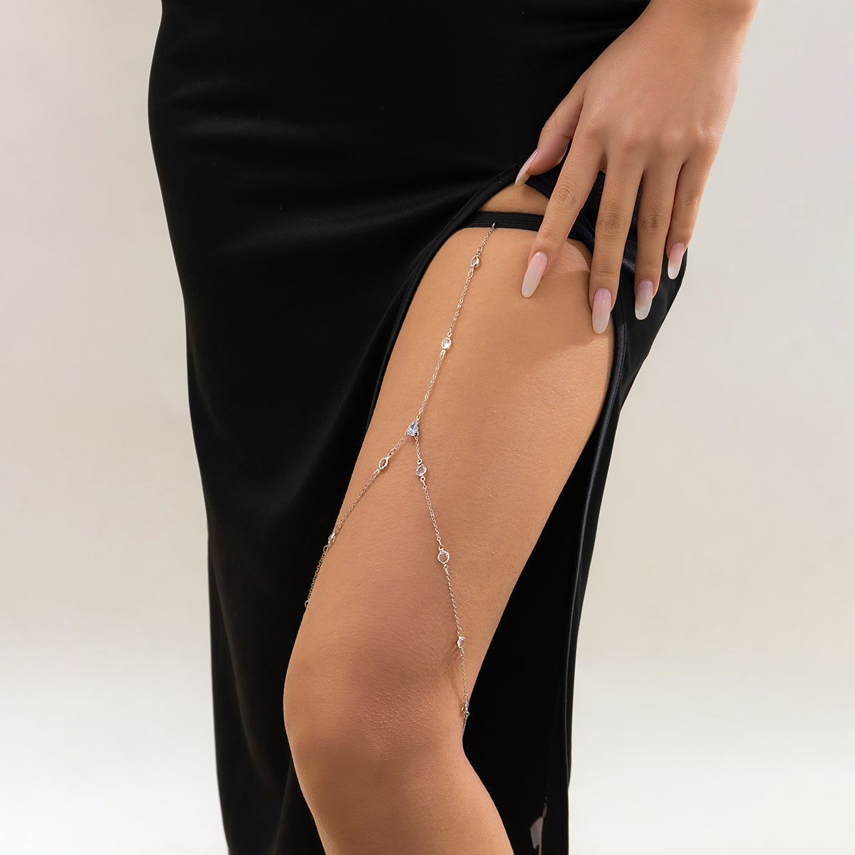 Crystal and Silver-Plated Garter Thigh Chain, silver pendant necklace for women, dainty minimalist design, side view