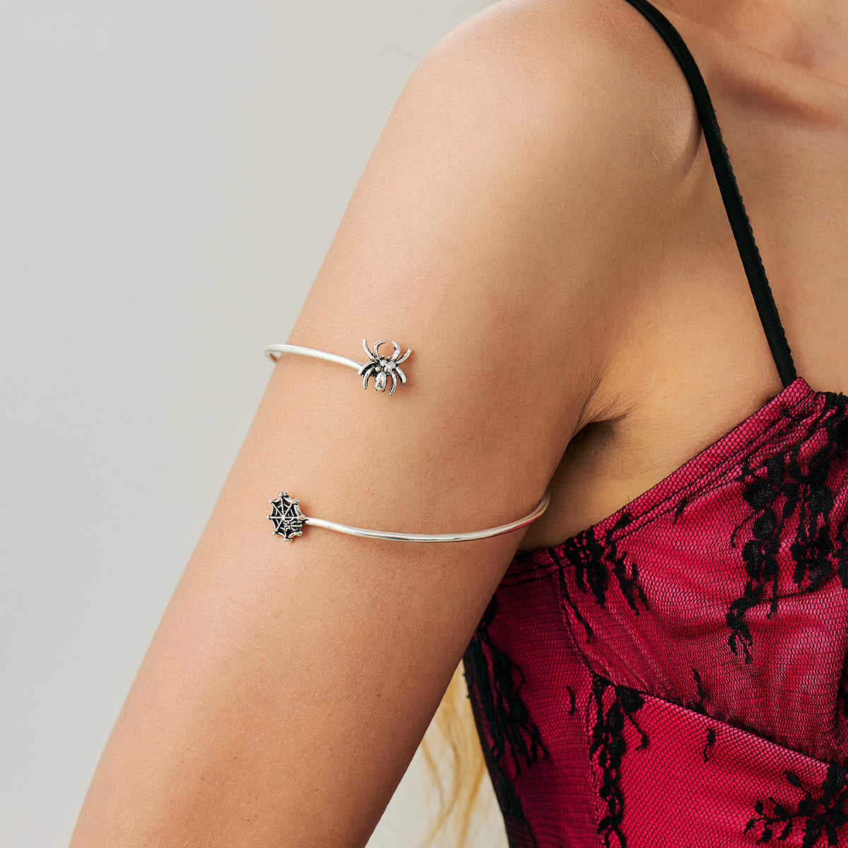 Silvertone Spider and Web Bypass Arm Cuff, dainty minimalist design, lifestyle look