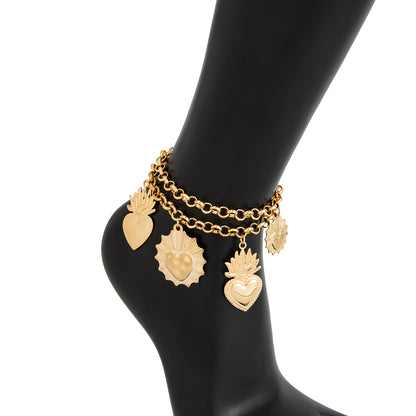 Goldtone Crown Heart Charm Layered Anklet, gold anklet bracelet, everyday style, styled look