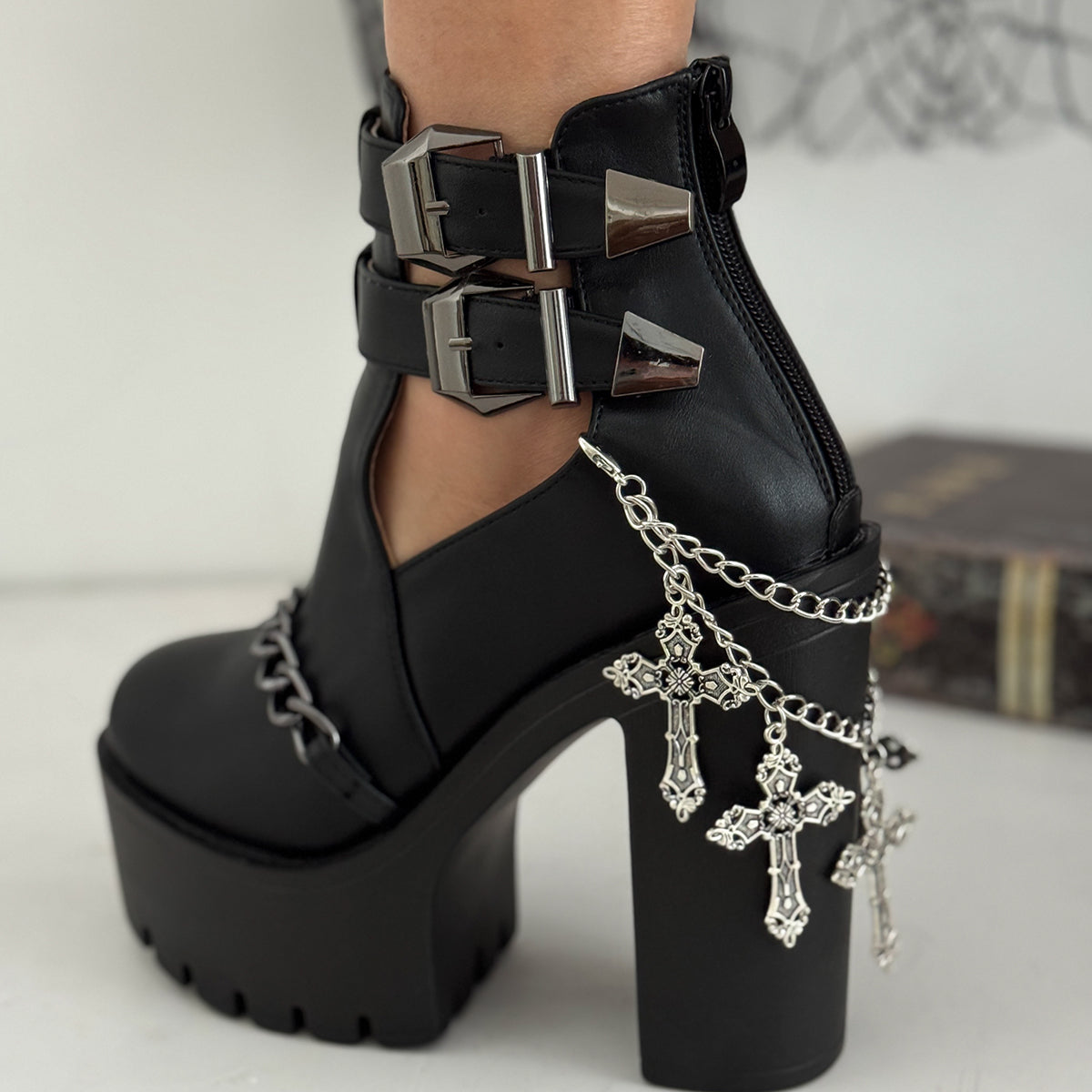 Silvertone Cross Charm Layered Anklet, silver anklet bracelet, botanical inspired, styled look