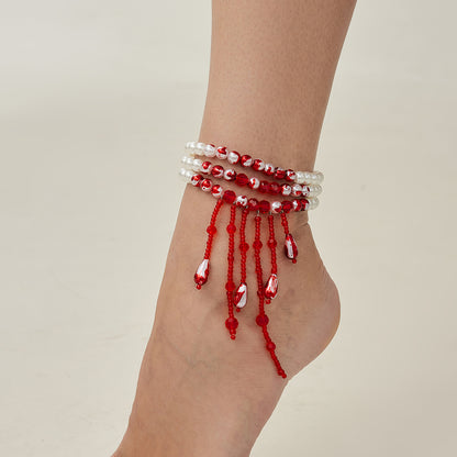 Red Acrylic and Enamel Pearl Silvertone Tassel Layered Anklet, silver anklet bracelet, lifestyle look
