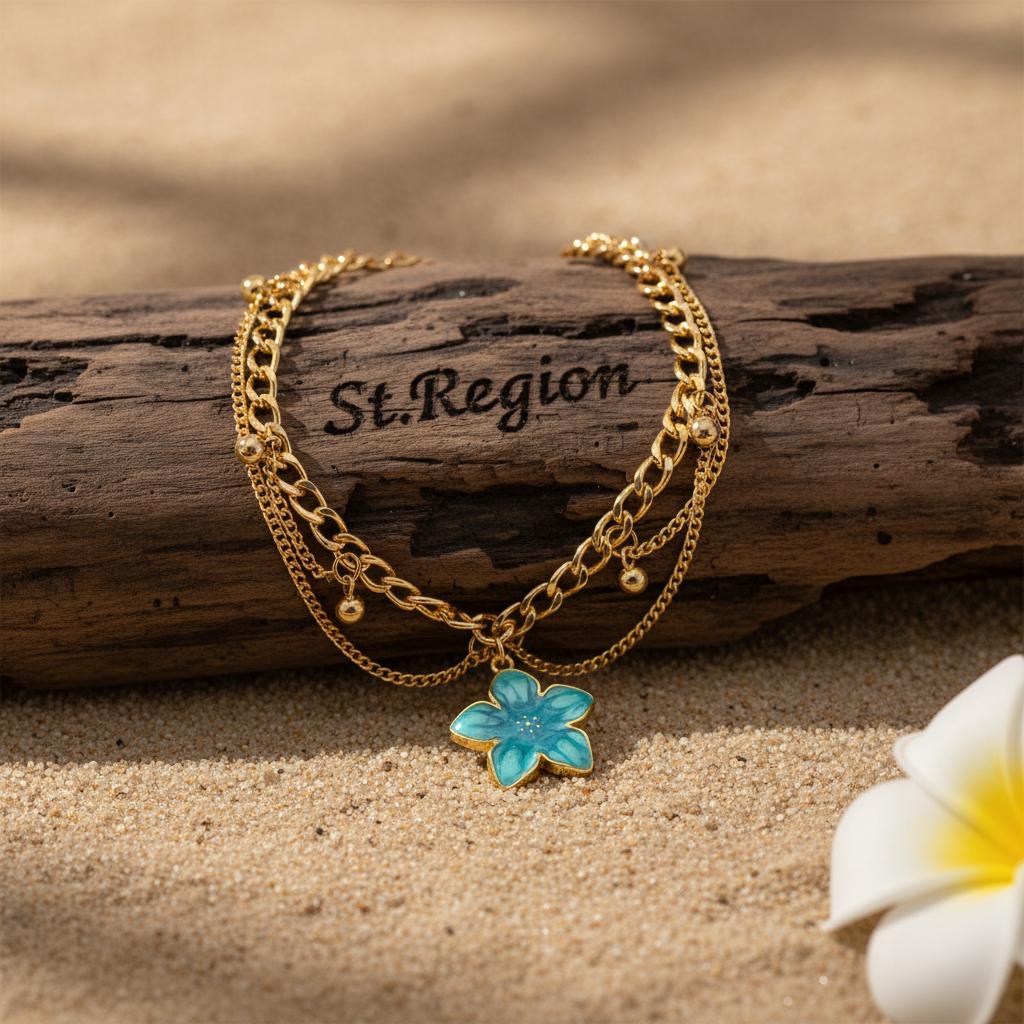 Blue Enamel and Goldtone Flower Charm Layered Anklet, gold anklet bracelet, vintage-inspired design, detail close-up