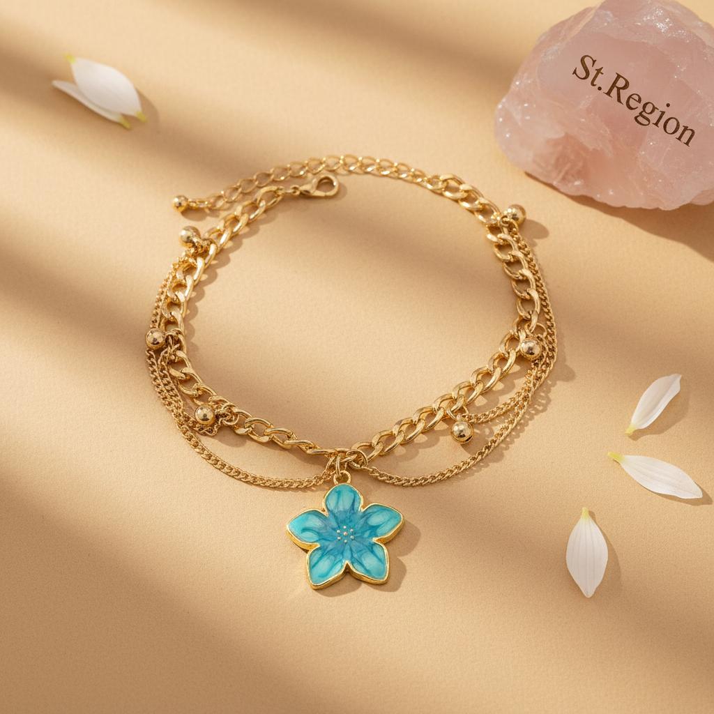 Blue Enamel and Goldtone Flower Charm Layered Anklet, gold anklet bracelet, vintage-inspired design, lifestyle look