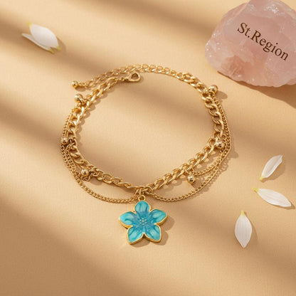 Blue Enamel and Goldtone Flower Charm Layered Anklet, gold anklet bracelet, vintage-inspired design, lifestyle look