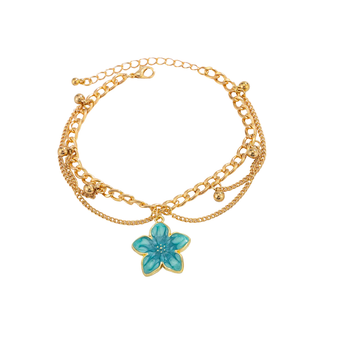 Blue Enamel & Goldtone Flower Charm Layered Anklet - Street Region